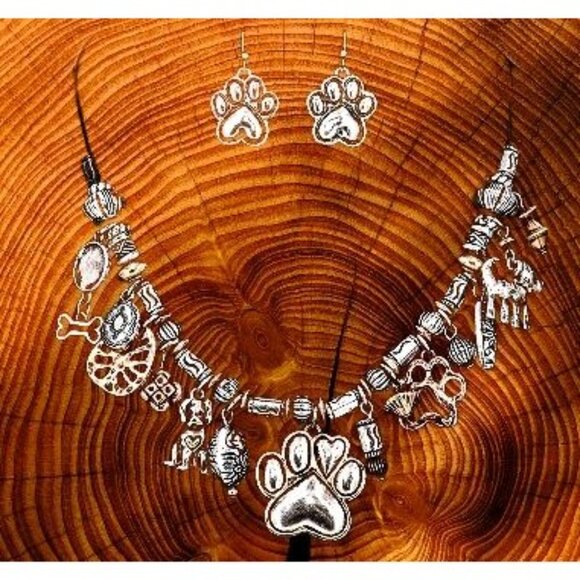 Paw Print Necklace Earrings Set Pendant 17 inch Handmade New Dog Bone An… - Picture 5 of 12
